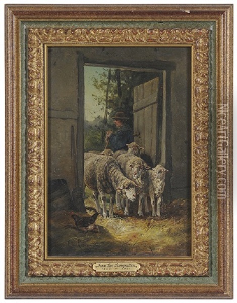 Sheep At A Barn Door Oil Painting - Frans Van Leemputten