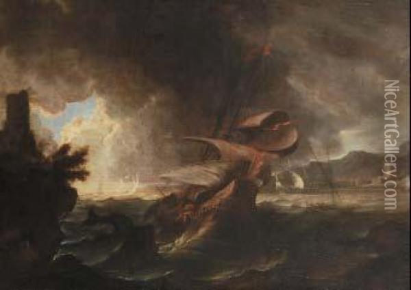 Barca In Tempesta In Prossimita Della Costa Oil Painting - Pieter the Younger Mulier