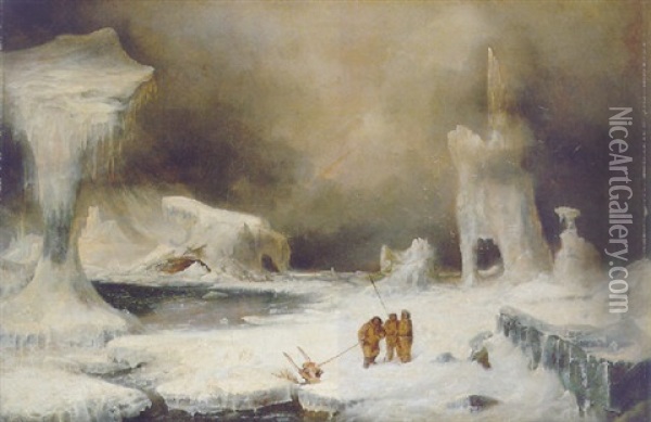 Artische Landschaft, Im Vordergrund Eine Gruppe Eskimos Oil Painting - Johann Jacob Witte