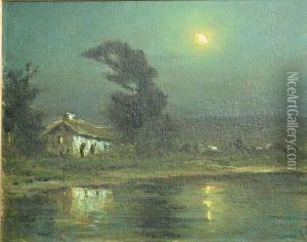 Moonlit Adobe Near A Lake Oil Painting - Manuel Valencia