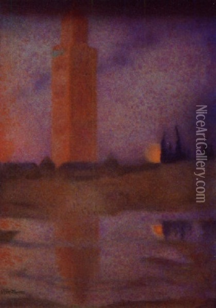 Marrakech - La Koutoubia Au Clair De Lune Oil Painting - Lucien Levy-Dhurmer