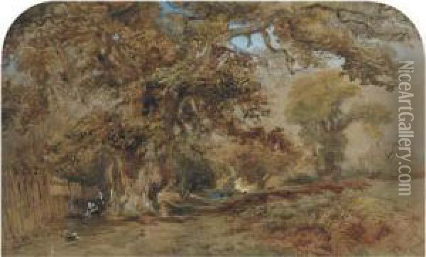 Figures By A Path In A Wooded Landscape Oil Painting - David Hall McKewan