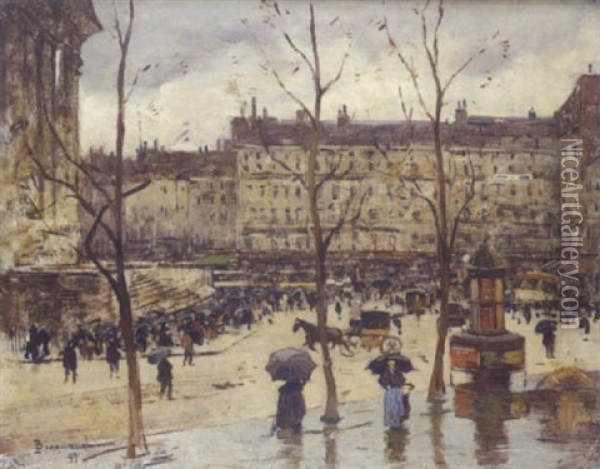 Place De La Madeleine, Sous La Pluie Oil Painting - Louis Braquaval