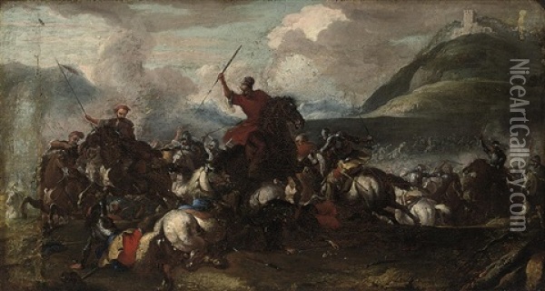 A Battle Scene With Cavalry And Cannon, A Hilltop Fortress Beyond Oil Painting - Jacques Courtois