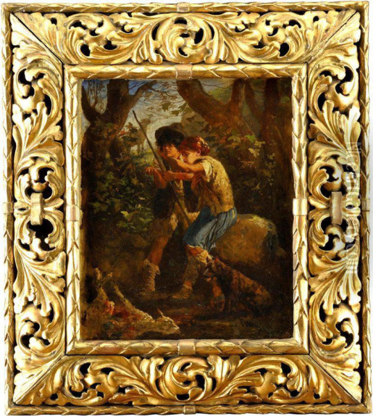 Dvaja Chlapci V Lese (napolovacke) Oil Painting - Thomas F. Burn