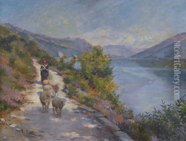 Pastorella Con Pecore Lungo Il Lago Oil Painting - Alberto Rossi