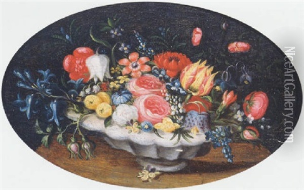 Mixed Flowers In A White Glazed Earthenware Bowl On A Table Oil Painting - Jan Brueghel the Elder