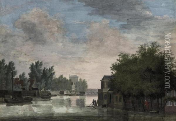 A View Of A River Running Through A City Oil Painting - Leendert Brasser