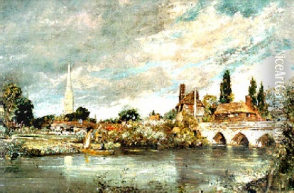 Harnham Bridge Looking Towards Salisbury Cathedral Oil Painting - John Constable
