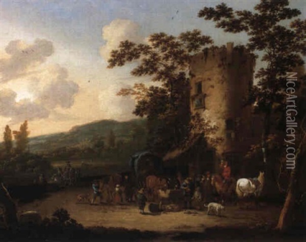 Travellers And Peasants Halted By A Ruined Tower Oil Painting - Pieter Bout