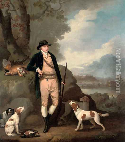 Portrait of George Farmer of Witton Manor, Staffordshire, full-length, with his dogs, in a landscape Oil Painting - Moses Haughton
