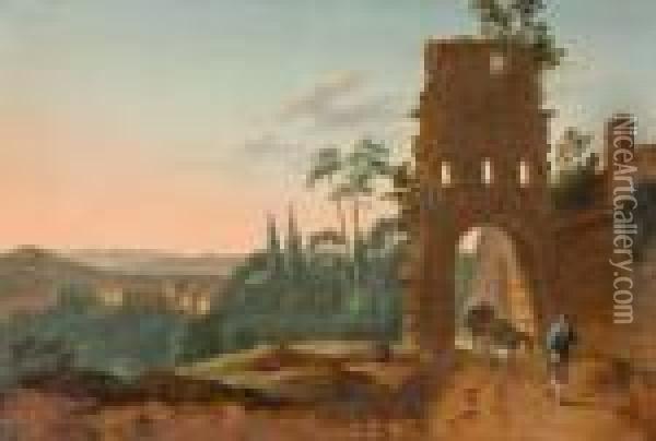 Italienische Landschaft Mit Ruinen Und Wanderer Oil Painting - Johann Heinrich Stobwasser