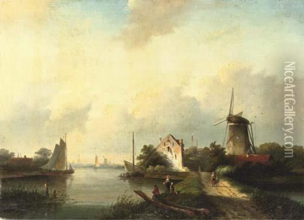 A Summer's Day Along A Waterway Oil Painting - Jan Jacob Coenraad Spohler