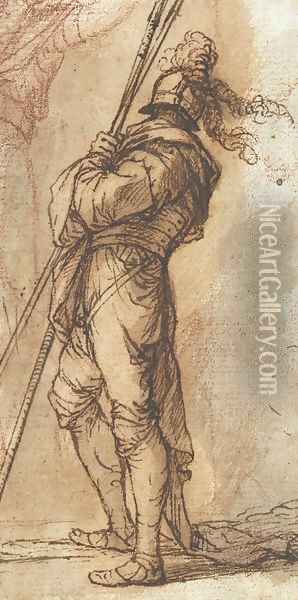 A warrior standing, holding two lances, and a subsidiary study of a young man with his arm raised Oil Painting - Salvator Rosa
