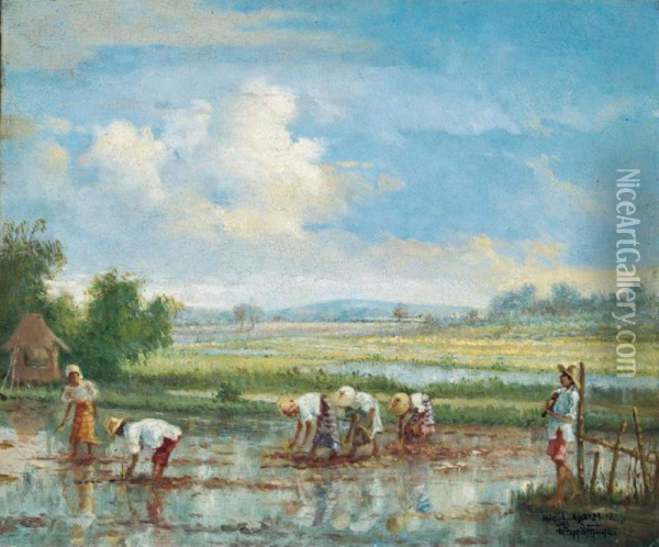 Planting Rice Oil Painting - Teodoro Buenaventura