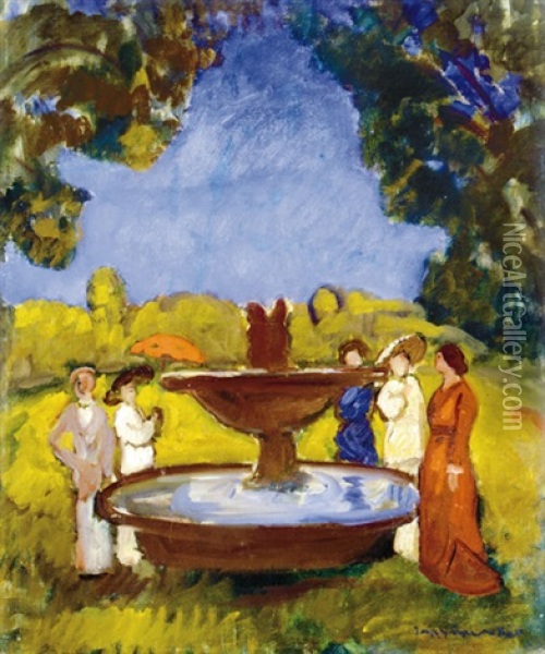 Company At The Fountain Oil Painting - Bela Ivanyi Gruenwald
