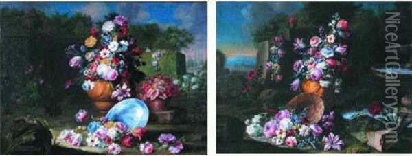  Vases De Fleurs Et Plat En Porcelaine Dans Un Paysage  Oil Painting - Giacomo Nani