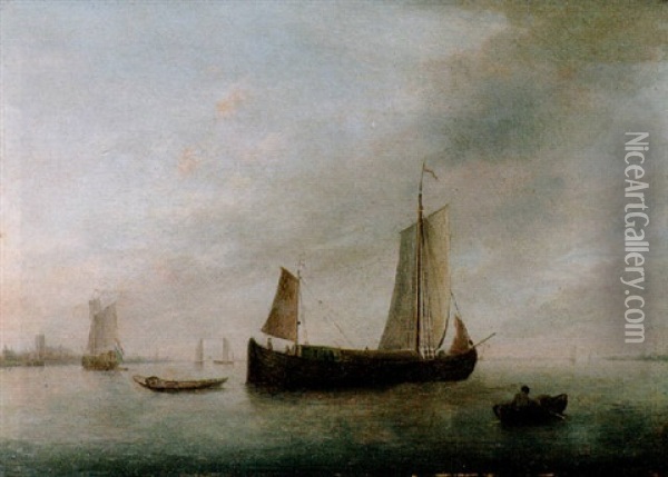 An Aak Sailing Before The Wind On A River Estuary At Dawn Oil Painting - Johannes I Janson