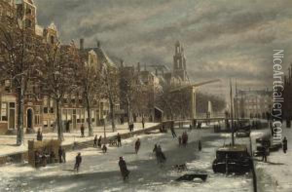The Houtgracht With The Mozes And Aaronkerk, Amsterdam Oil Painting - Johannes Frederik Hulk, Snr.