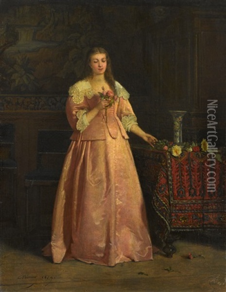 Femme Au Bouquet, Dans Un Interieur Oil Painting - Charles Francois Pecrus