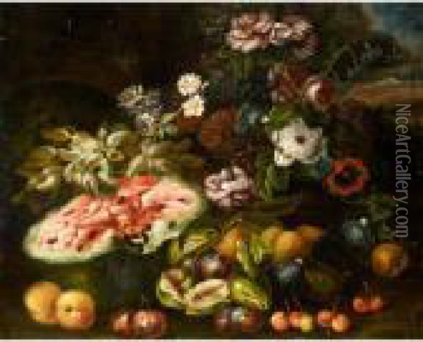 Still Life Life With Grapes, A 
Melon, Figs, Plums, Peaches And Various Flowers In A Landscape Oil Painting - Abraham Brueghel