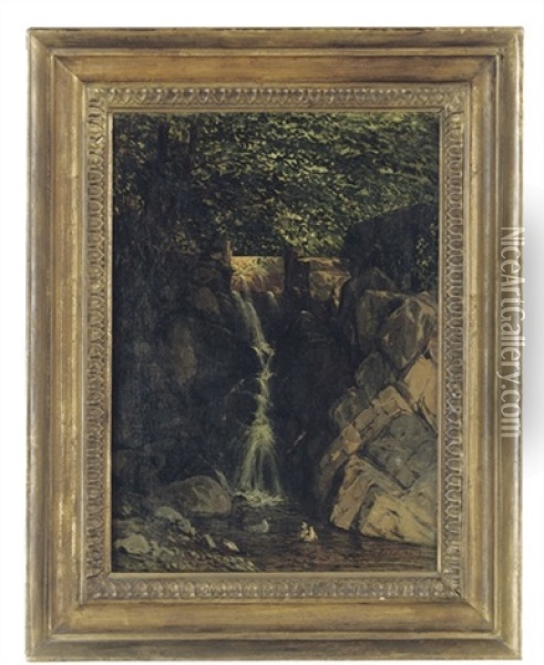 A Waterfall Illuminated By Sunlight Oil Painting - Constant Alexandre Famin