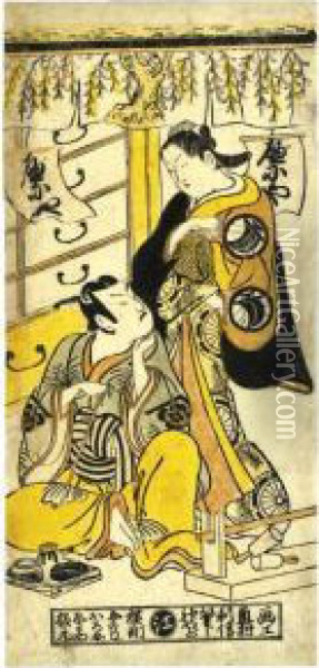 Ichikawa Danjuro Ii As Soga Goro And Sodesaki Miwano I In An Unidentified Onnagata Role Oil Painting - Okumura Toshinobu