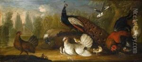 A Peacock And A Peahen With A Cockerel Andother Fowl In A Park Landscape Oil Painting - Marmaduke Cradock