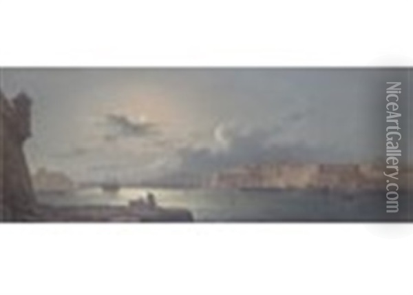 Grand Harbour, Valetta, Malta By Day And Night (a Pair) Oil Painting - Girolamo Gianni