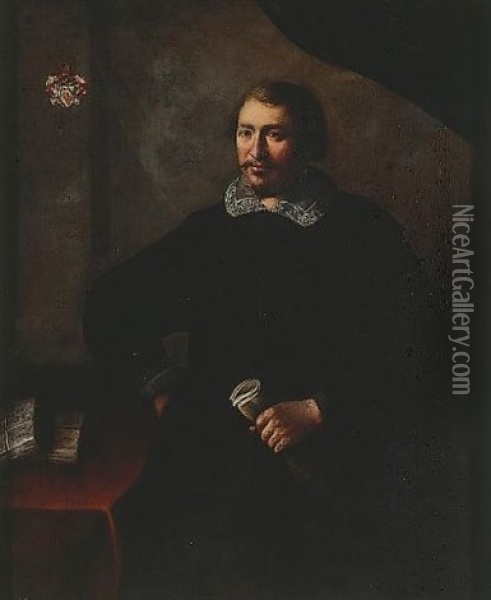 Portrait Of A Gentleman Of The Van Axel Family, In Black Costume, In An Interior Beside Letters On A Table Draped With A Red Cloth, Holding A Pair Of Gloves Oil Painting - Tiberio Tinelli
