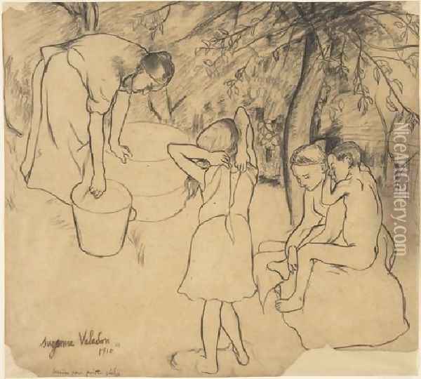 Drawing For The Drypoint Childrens Bath In The Garden Oil Painting - Suzanne Valadon