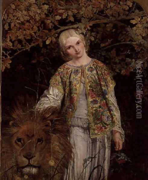 Una and the Lion, exh. 1860 Oil Painting - William Bell Scott