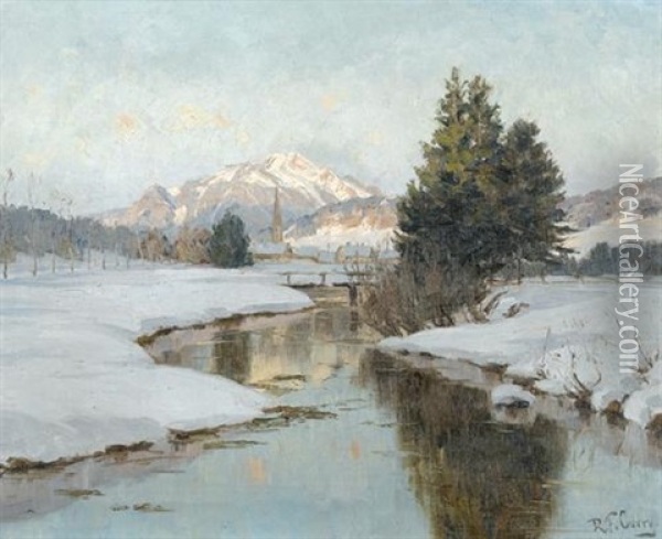 Verschneite Bachpartie Mit Dorf Und Bergmassiv Oil Painting - Robert Franz Curry