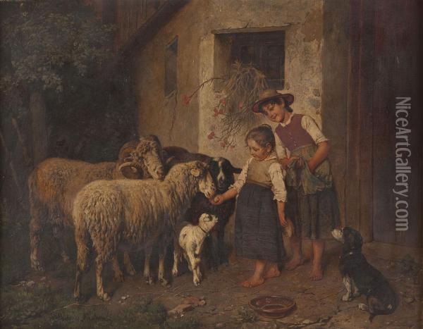 Bauernmadchen Mit Schafen Auf Dem Hof Oil Painting - Adolf Eberle