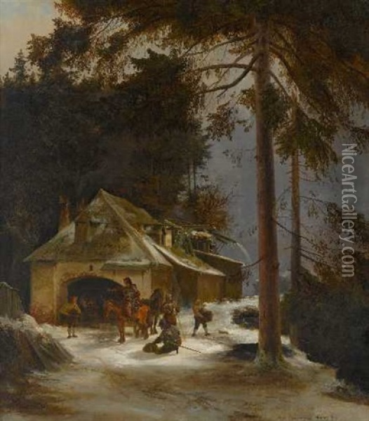 Ritter Zu Pferd Vor Einer Schmiede In Winterlichem Wald Oil Painting - Richard Zimmermann