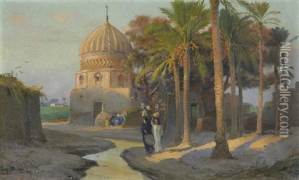 Orientalinnen Unter Palmen - Im Mittelgrund Eine Moschee Oil Painting - Tony Binder