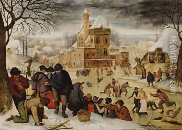 A winter landscape with peasants skating and playing kolf on a frozen river, a town beyond Oil Painting - Pieter The Younger Brueghel
