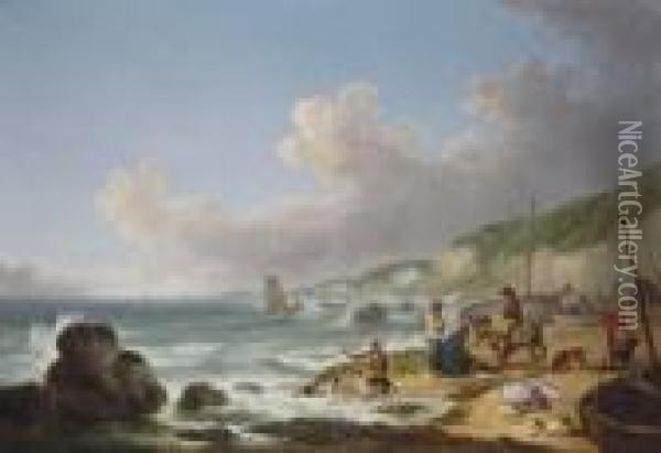 A View Of Gurnhards Bay, Near Cowes, Isle Of Wight, With Fisherfolk On The Shore Oil Painting - George Morland