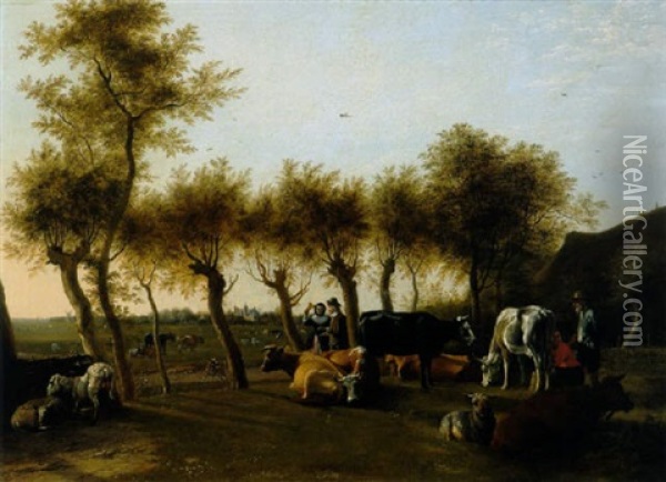 Eine Hollandische Weidelandschaft Mit Hirten, Kuhen Und Einem Eleganten Paar Hinter Den Baumen Oil Painting - Paulus Potter
