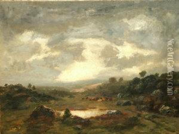 Cattle Resting On A Hillsidebeneath Cloudy Skies Oil Painting - Narcisse-Virgile D Az De La Pena