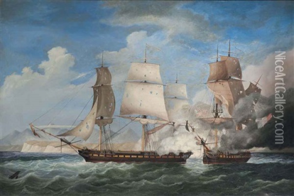 H.m.s. San Fiorenzo Engaging The French Frigate Piemontaise Off Ceylon, 6th - 8th March 1808 Oil Painting - Charles Augustus Mornewick