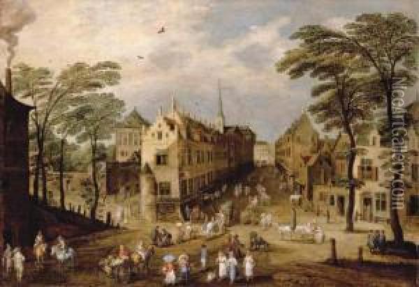 A Town Landscape With Company, Townsfolk And Wagoners Oil Painting - Jan Breughel