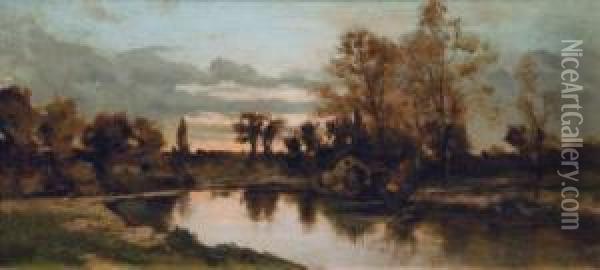 Fluslandschaft Mit Angler Im Abendrot Oil Painting - Leo Van Aken