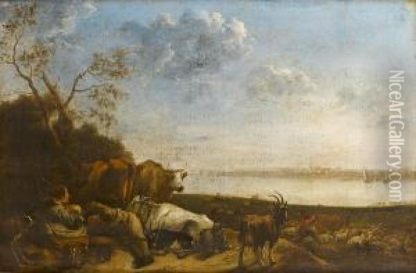A Shepherdess And Cowherd Resting With Their Livestock In A River Meadow At Dusk Oil Painting - Jan Van Ossenbeck