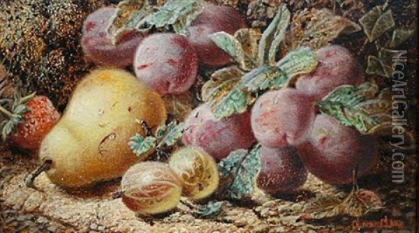 Still Life Of Plums, Gooseberries, A Pear And A Strawberry On A Mossy Bank Oil Painting - Oliver Clare