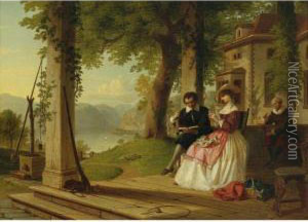 Washington Irving Reading Knickerbocker's History Of New York Tohis Wife On The Porch Of Sunnyside Oil Painting - Thomas Prichard Rossiter