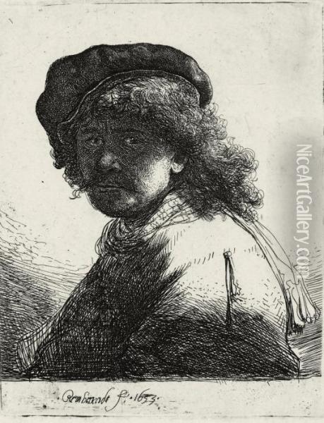Self-portrait In A Cap And Scarf With The Face Dark: Bust Oil Painting - Rembrandt Van Rijn