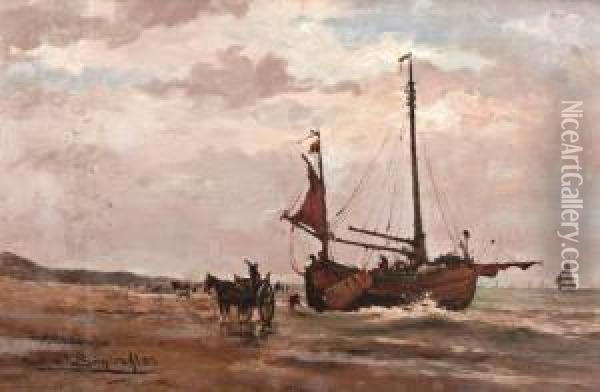 Strand Met Bomschuit En Schelpenvisser Oil Painting - Christian Snijders