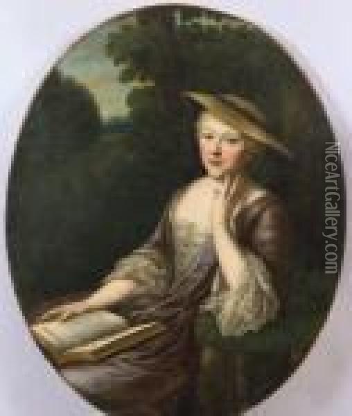 Portrait Of A Young Woman In A Landscape Oil Painting - Philippe Mercier
