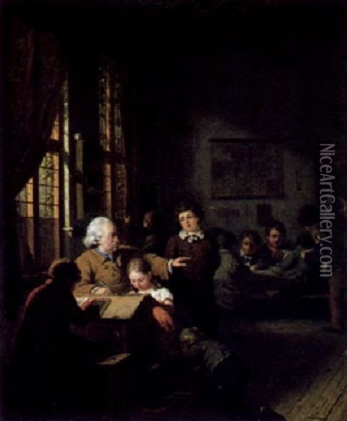 Ein Klassenzimmer Mit Einem Lehrer, Der Einen Schuler Ermahnt Oil Painting - Christian van Geelen